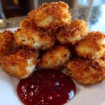 A pile of golden brown, crispy chicken bites served with a dollop of bright red sweet chili sauce.