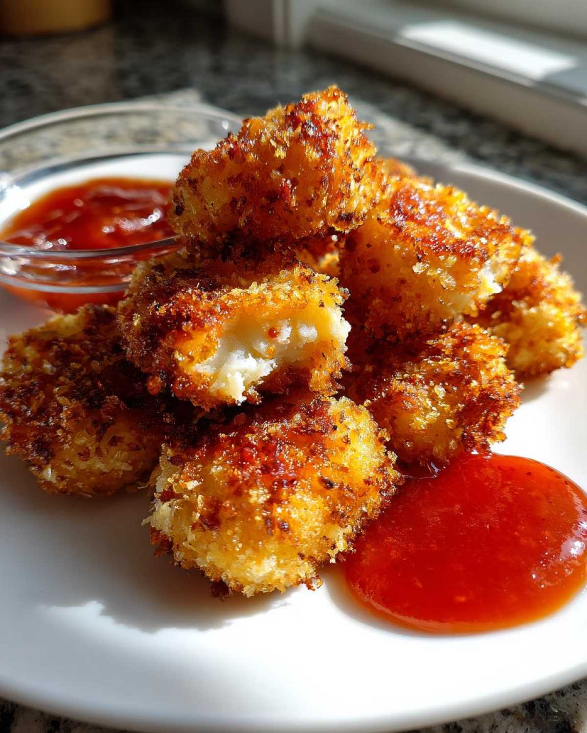 A pile of golden brown Crispy Chicken Bites served on a white plate with sweet chili sauce for dipping.