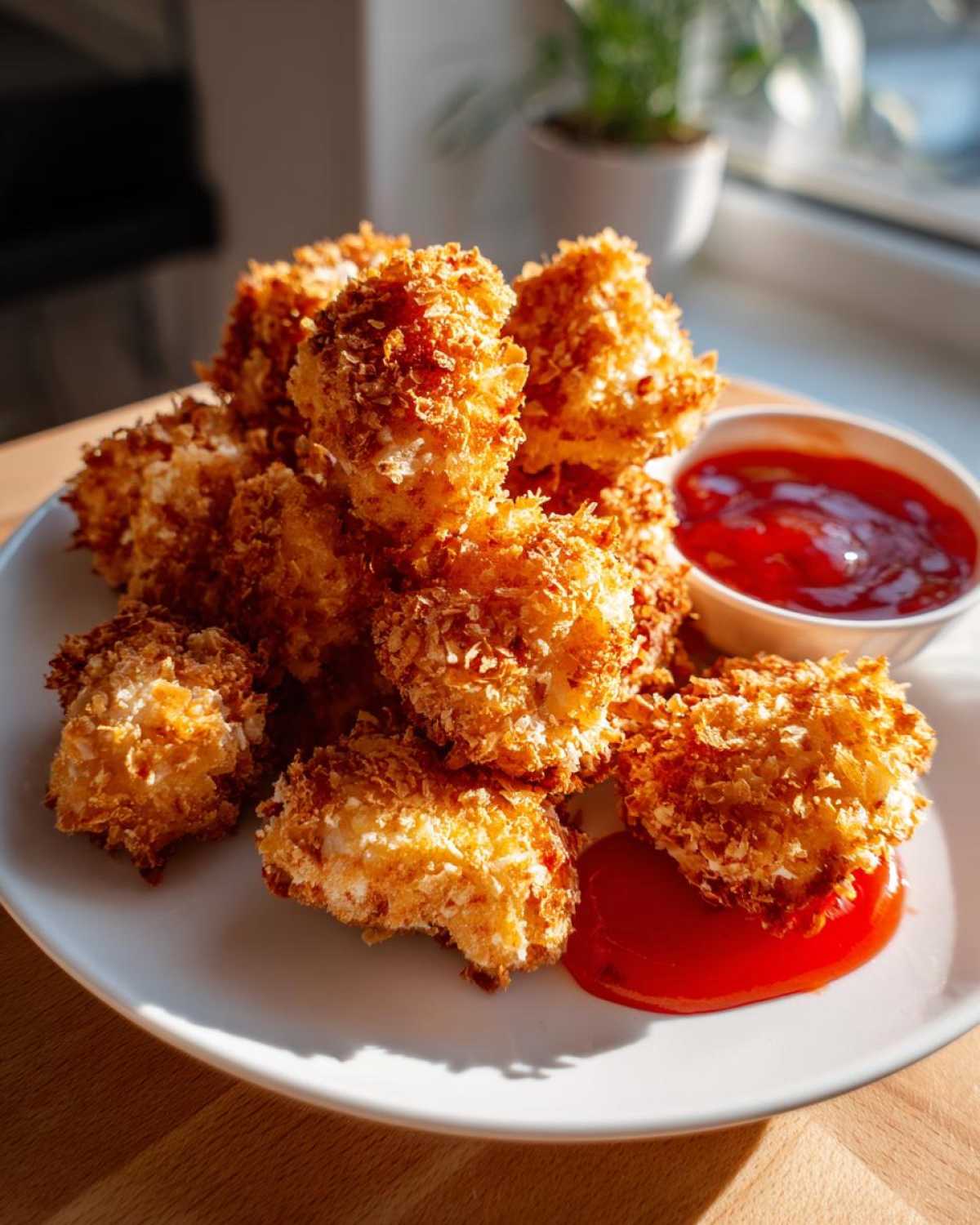 A plate piled high with golden brown Crispy Chicken Bites served with a side of bright red sweet chili sauce.