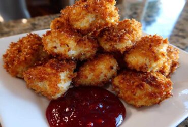 A pile of golden brown, crispy chicken bites served with a dollop of bright red sweet chili sauce.