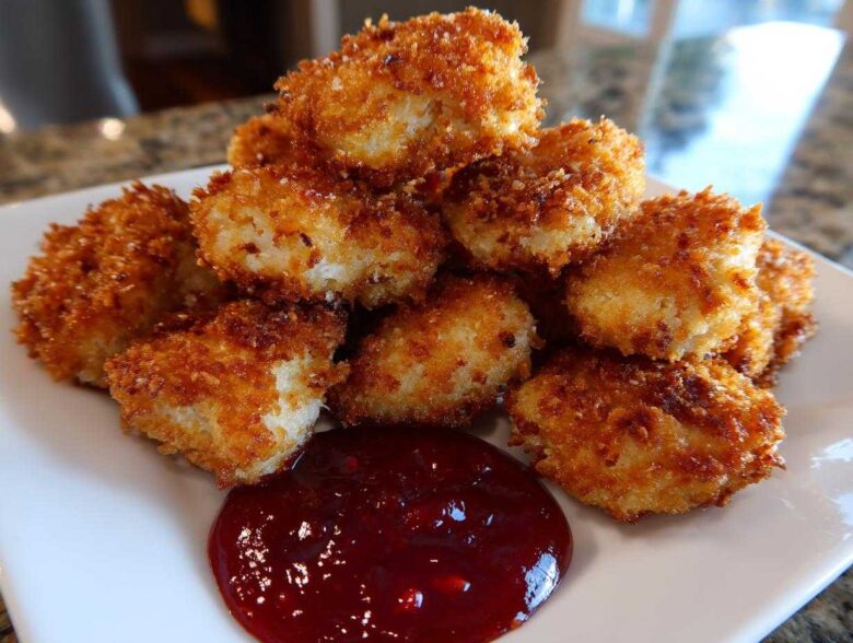 A pile of golden brown, crispy chicken bites served with a dollop of bright red sweet chili sauce.
