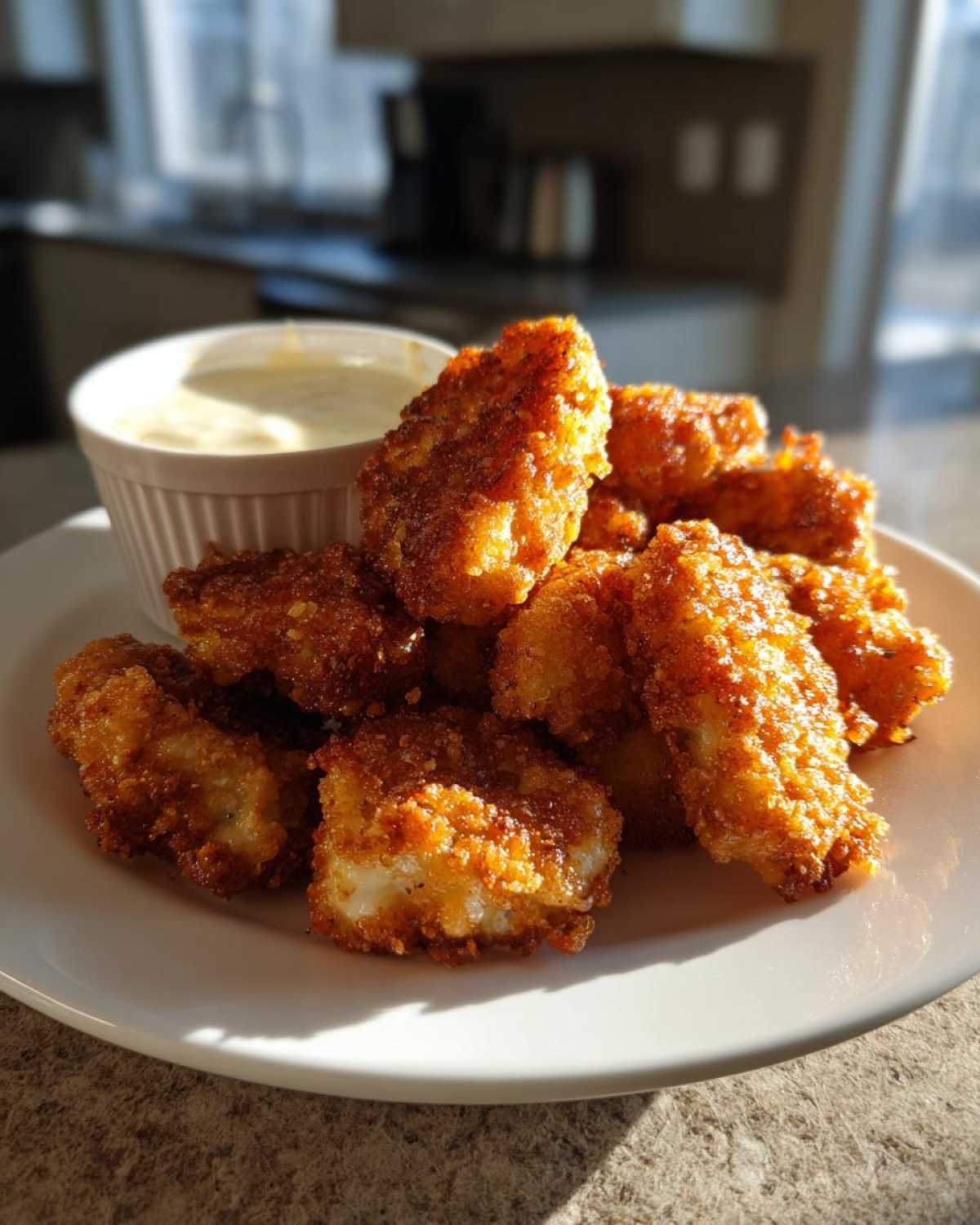 A pile of golden brown, crispy chicken nuggets served on a white plate next to a small bowl of garlic dip.