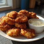 A plate piled high with golden brown Crispy Chicken Nuggets served next to a small white ramekin of creamy garlic dip.