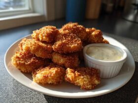 A plate piled high with golden brown Crispy Chicken Nuggets served next to a small white ramekin of creamy garlic dip.