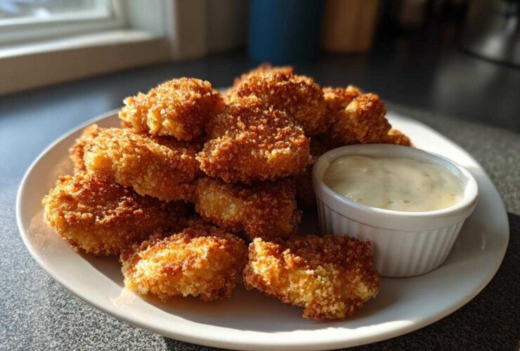 A plate piled high with golden brown Crispy Chicken Nuggets served next to a small white ramekin of creamy garlic dip.
