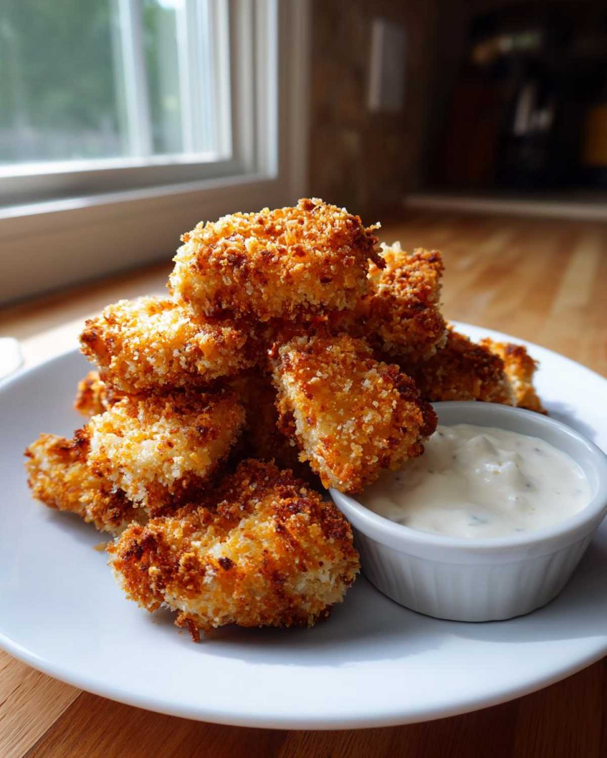 A stack of golden brown Crispy Chicken Nuggets with Garlic Dip served on a white plate.