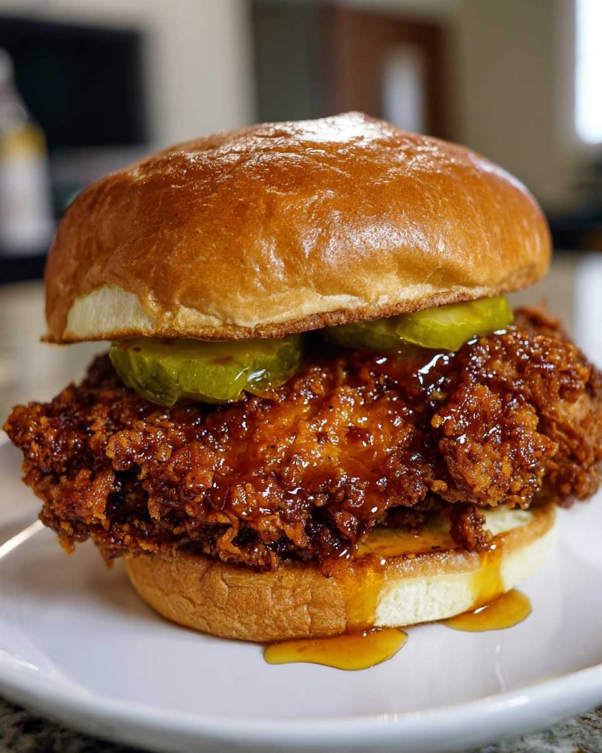A close-up of a Crispy Chicken Sandwich with Honey Sauce, featuring a thick piece of fried chicken dripping with glaze, topped with pickles on a brioche bun.