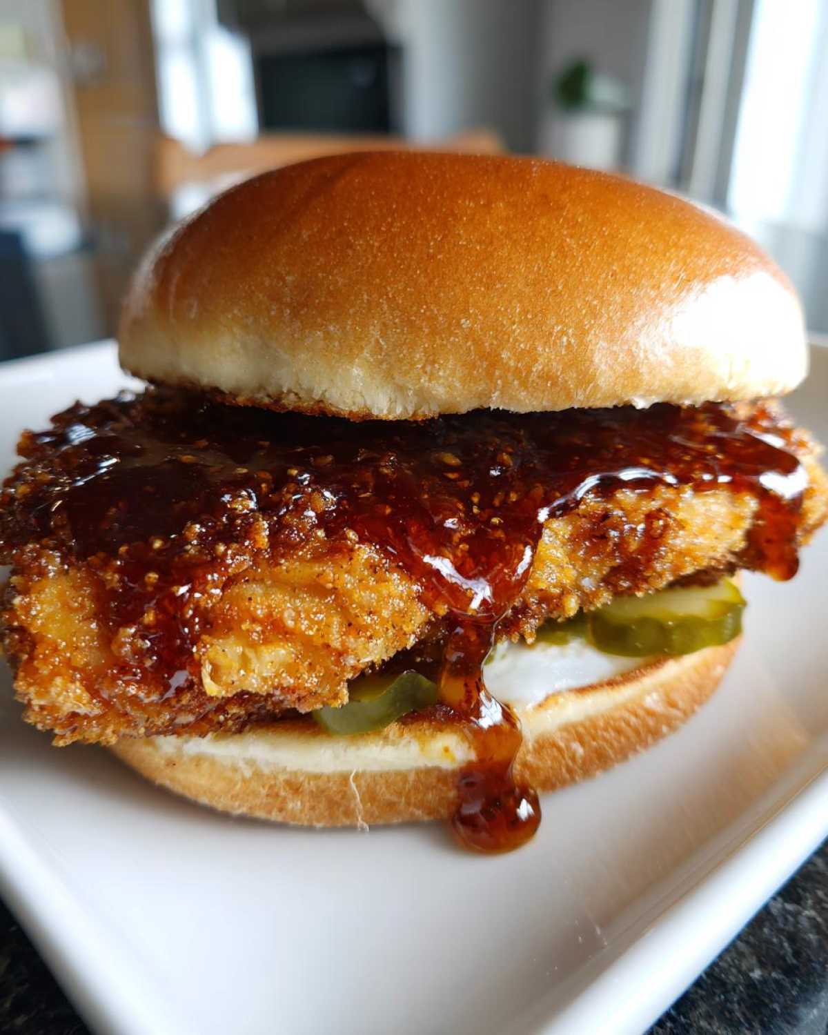 A close-up of a Crispy Chicken Sandwich with Honey Sauce generously drizzled over the fried chicken patty and dripping down the side.