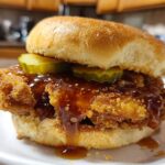 A close-up of a Crispy Chicken Sandwich with Honey Sauce, featuring a thick fried patty, pickles, and dripping glaze on a bun.
