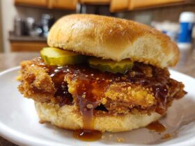 A close-up of a Crispy Chicken Sandwich with Honey Sauce, featuring a thick fried patty, pickles, and dripping glaze on a bun.