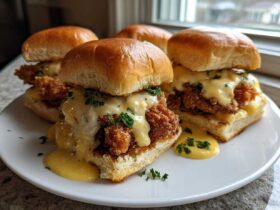 Four Crispy Chicken Sliders with Garlic Sauce piled high on a white plate, drizzled with creamy yellow sauce and parsley.