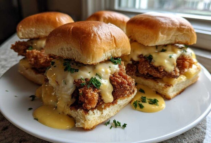 Four Crispy Chicken Sliders with Garlic Sauce piled high on a white plate, drizzled with creamy yellow sauce and parsley.