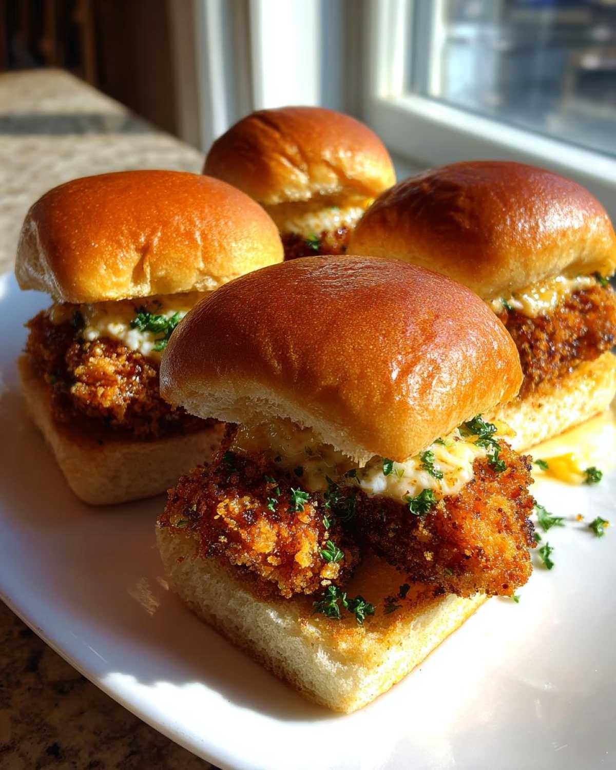 Four golden-brown Crispy Chicken Sliders with Garlic Sauce served on soft buns, garnished with parsley.