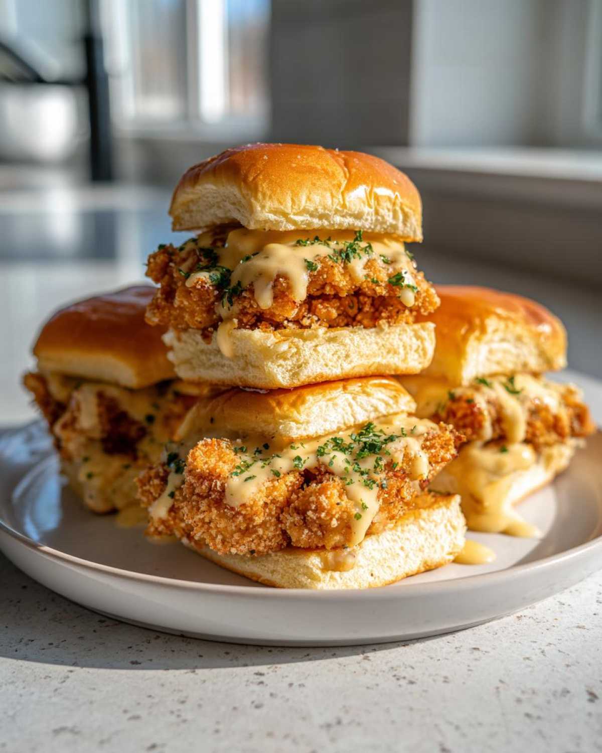 A stack of four Crispy Chicken Sliders with Garlic Sauce on brioche buns, drizzled with creamy sauce and parsley.