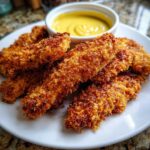 A plate of golden brown, crispy chicken tenders served with a small bowl of bright yellow honey mustard dip.