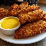 A plate of golden brown Crispy Chicken Tenders served with a small white ramekin of bright yellow honey mustard sauce.