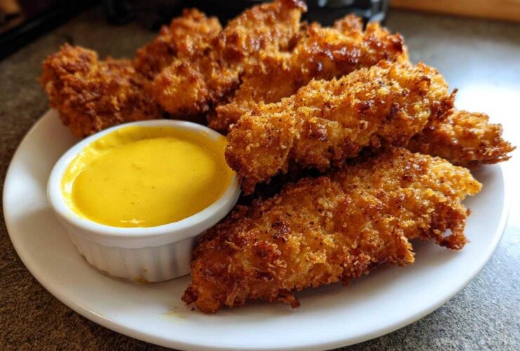 A plate of golden brown Crispy Chicken Tenders served with a small white ramekin of bright yellow honey mustard sauce.
