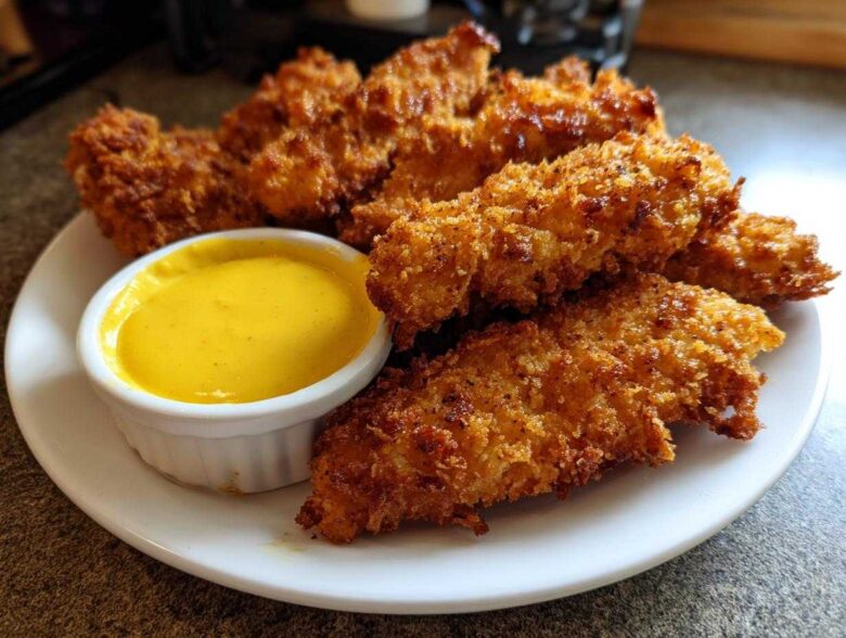 A plate of golden brown Crispy Chicken Tenders served with a small white ramekin of bright yellow honey mustard sauce.