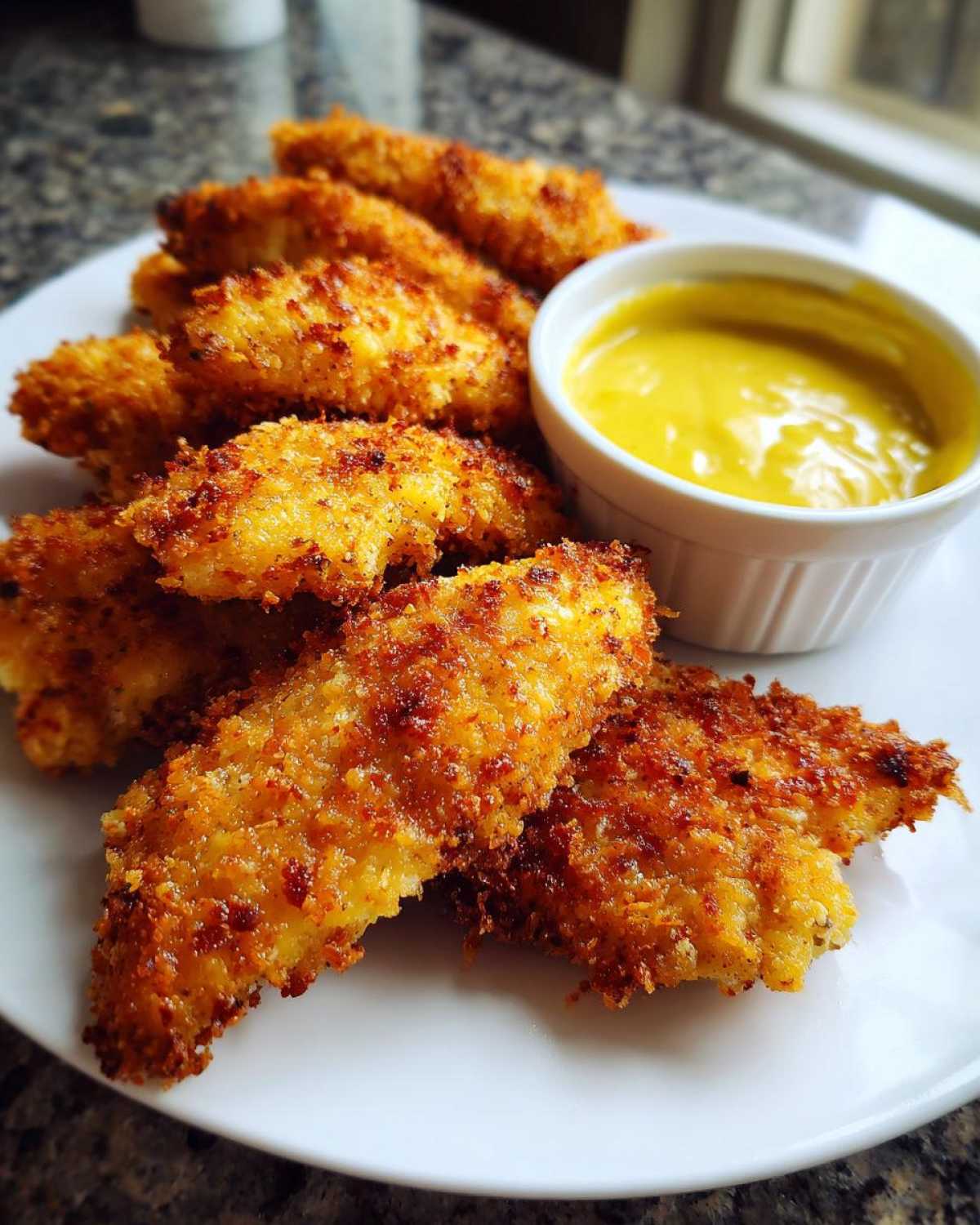 A plate of golden brown Crispy Chicken Tenders served next to a small white ramekin of bright yellow honey mustard dip.