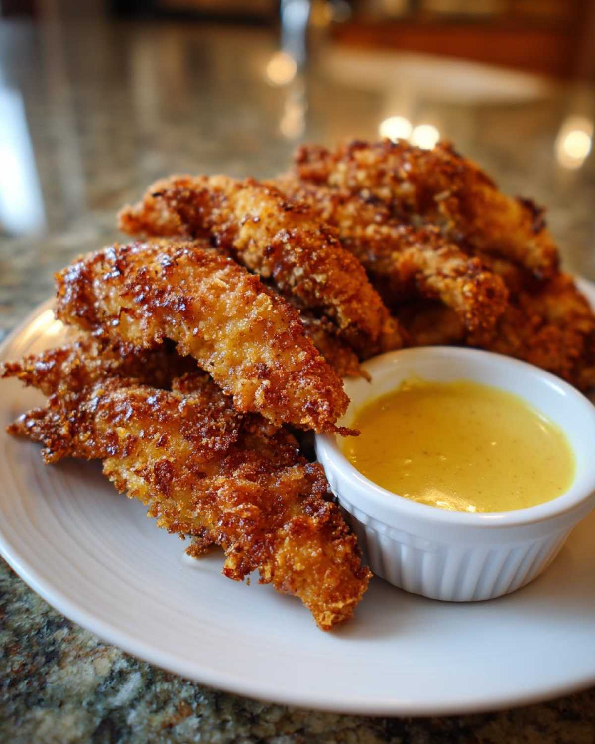 A plate piled high with golden brown Crispy Chicken Tenders served next to a small white ramekin of bright yellow honey mustard.