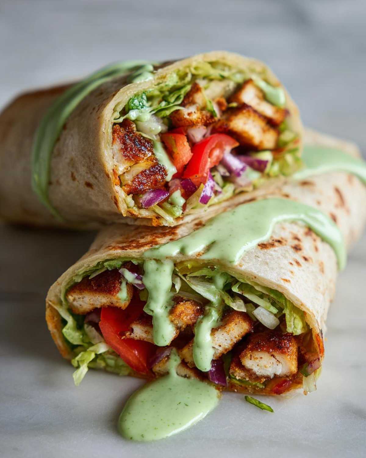 Two halves of a Crispy Chicken Wrap with Avocado Sauce, showing seasoned chicken, lettuce, tomato, and red onion.