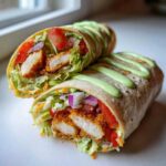Two halves of a Crispy Chicken Wrap with Avocado Sauce, showing crispy chicken, lettuce, tomato, and red onion inside.
