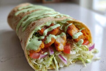 Close-up of a Crispy Chicken Wrap filled with lettuce, tomato, onion, and topped with a generous drizzle of green avocado sauce.