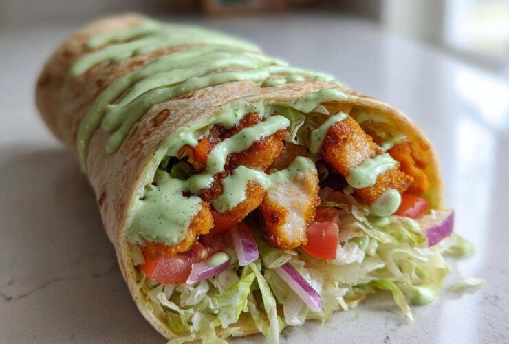 Close-up of a Crispy Chicken Wrap filled with lettuce, tomato, onion, and topped with a generous drizzle of green avocado sauce.