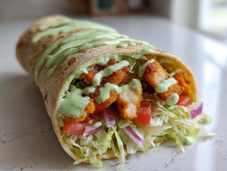 Close-up of a Crispy Chicken Wrap filled with lettuce, tomato, onion, and topped with a generous drizzle of green avocado sauce.