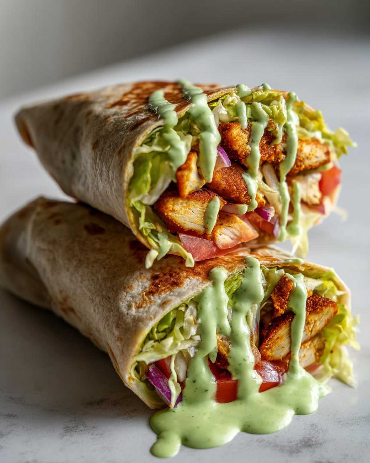 Two halves of a Crispy Chicken Wrap with Avocado Sauce stacked, showing crispy chicken, lettuce, tomato, and red onion.