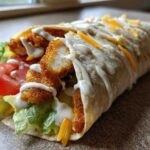 A delicious Crispy Chicken Wrap stuffed with fried chicken pieces, lettuce, tomato, cheese, and drizzled with creamy garlic sauce.