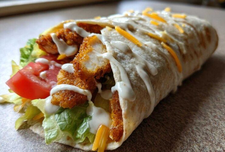 A delicious Crispy Chicken Wrap stuffed with fried chicken pieces, lettuce, tomato, cheese, and drizzled with creamy garlic sauce.