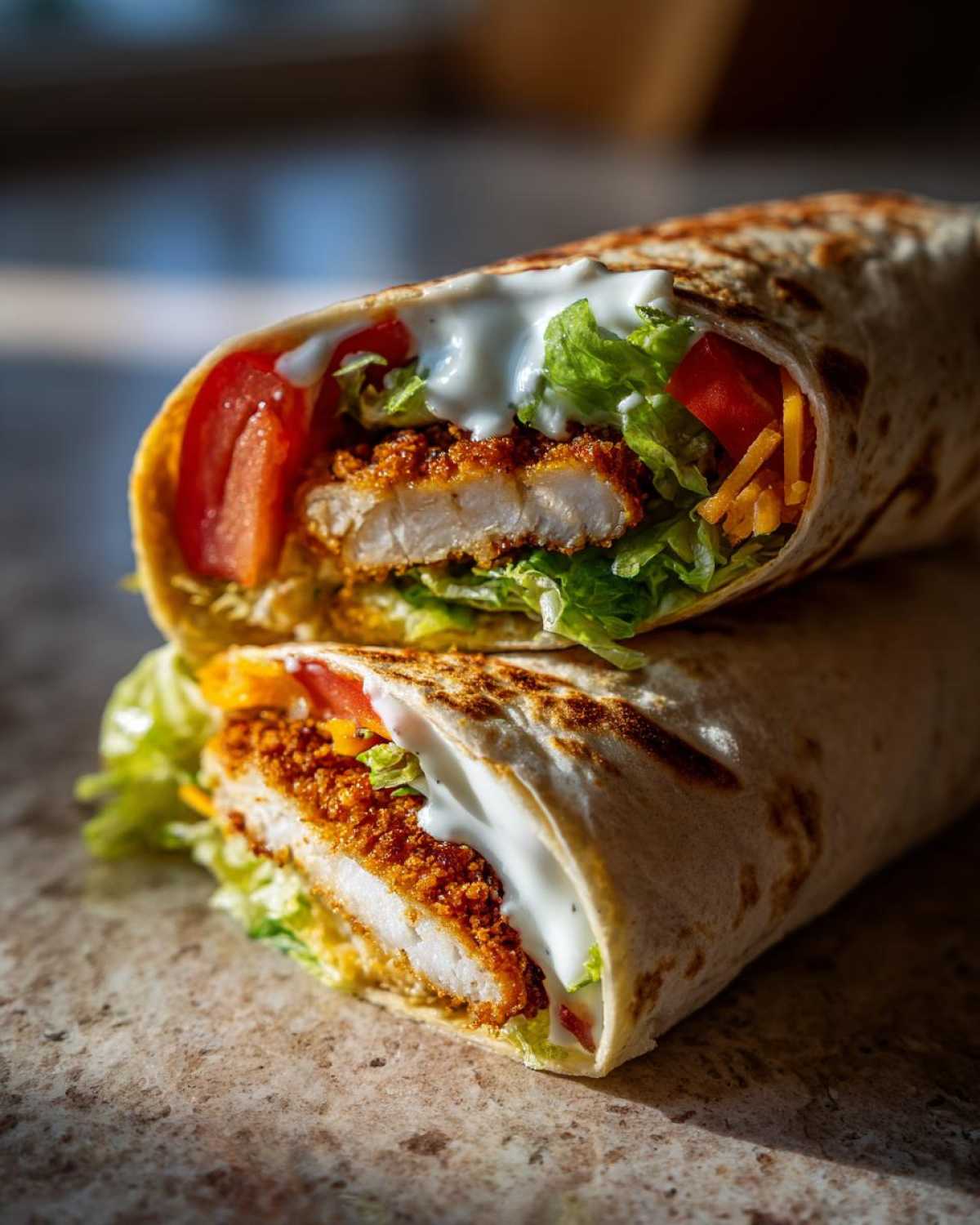 Close-up of a Crispy Chicken Wrap with Creamy Garlic Sauce cut in half, showing crispy chicken, lettuce, tomato, and sauce.