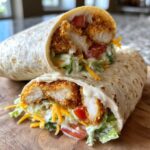 A halved Crispy Chicken Wrap showing crispy fried chicken, lettuce, tomatoes, cheese, and creamy garlic sauce inside a tortilla.
