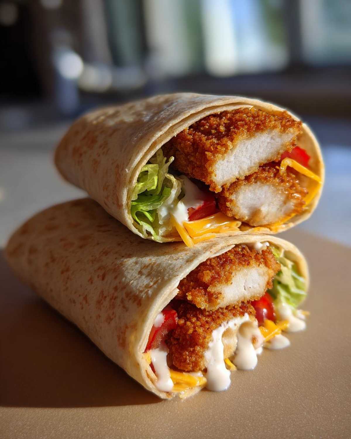 Two halves of a Crispy Chicken Wrap with Creamy Garlic Sauce stacked, showing crispy chicken, lettuce, cheese, and sauce.