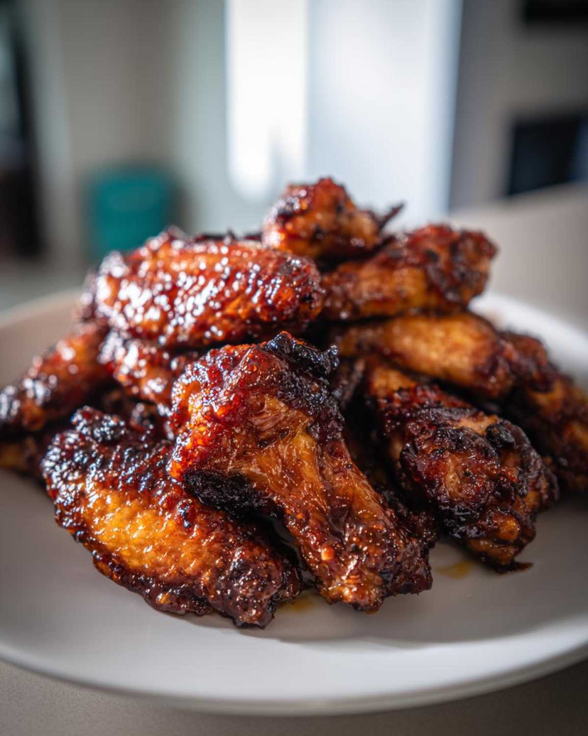A close-up of a pile of sticky, glazed Honey Garlic Chicken Wings Crispy Oven Baked on a white plate.