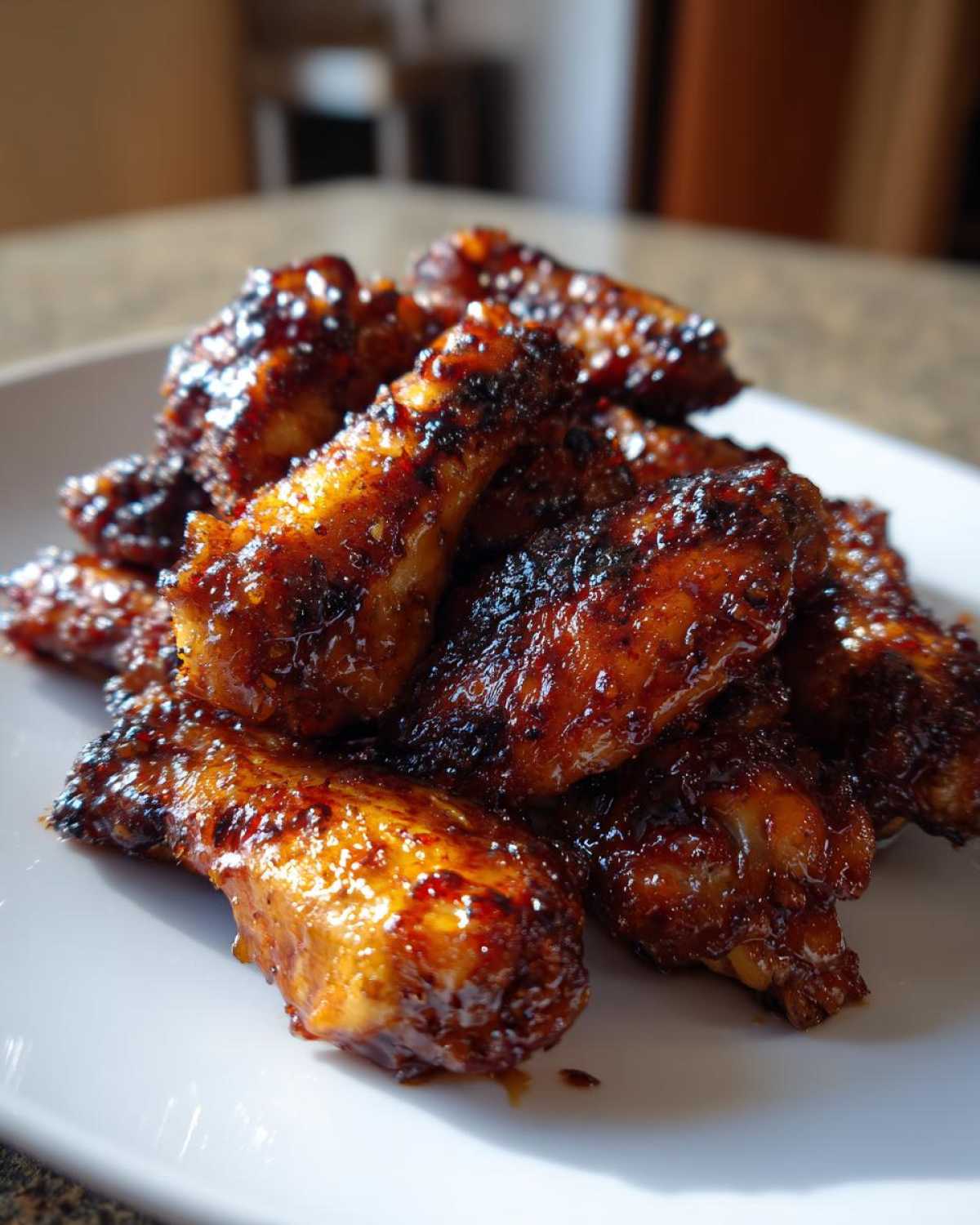 A close-up of a pile of crispy oven baked Honey Garlic Chicken Wings coated in a thick, dark glaze.