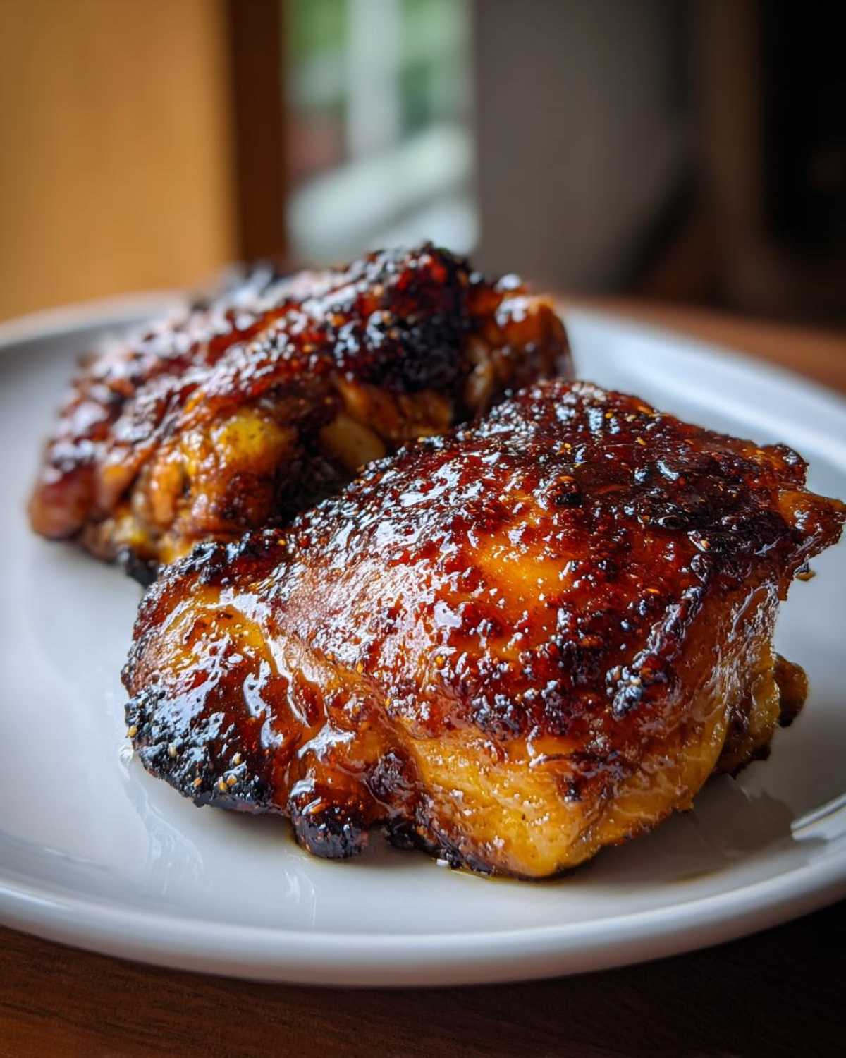 Close-up of two Honey Soy Chicken Thighs with crispy, caramelized edges resting on a white plate.