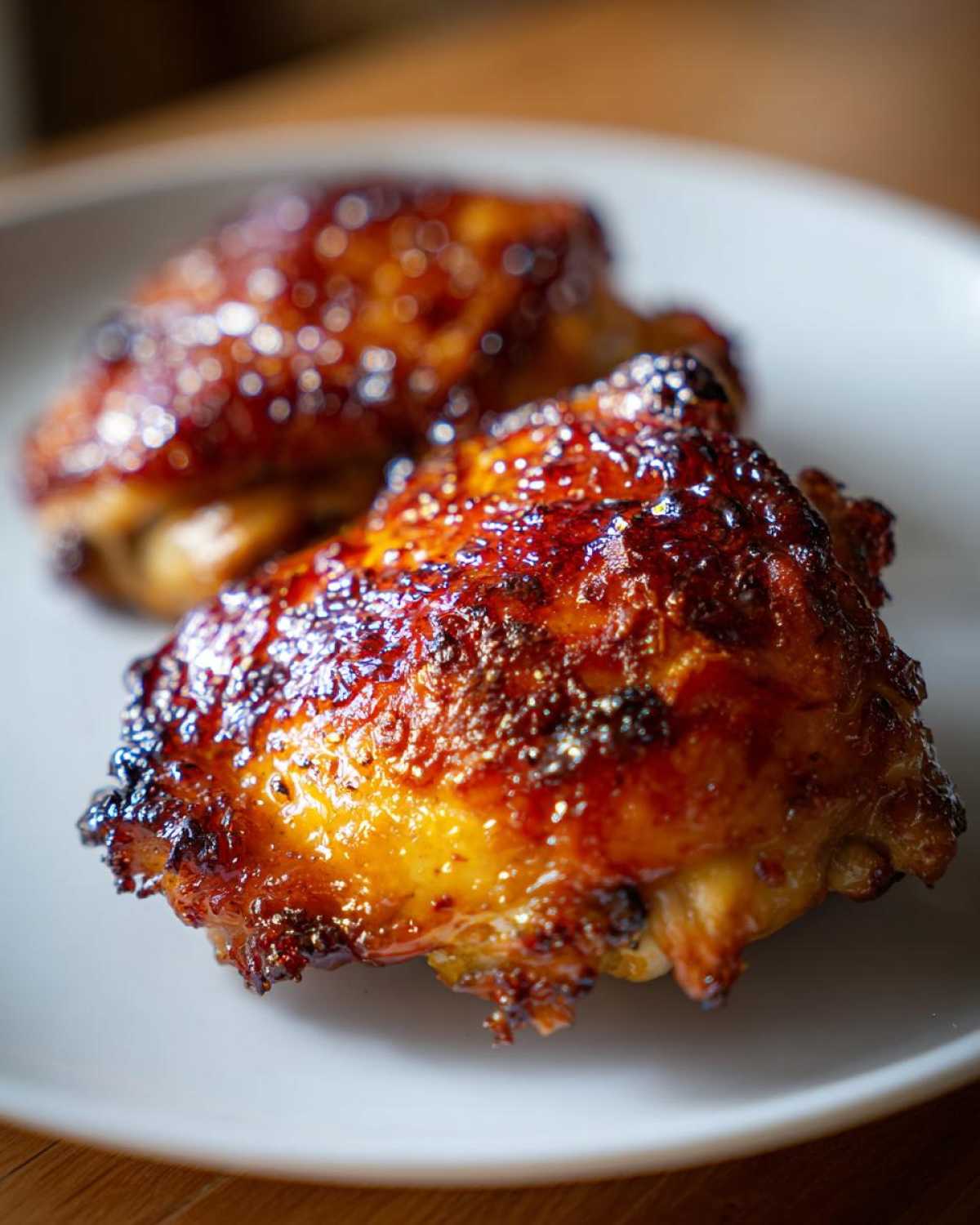 Close-up of two Honey Soy Chicken Thighs with crispy, caramelized edges on a white plate.