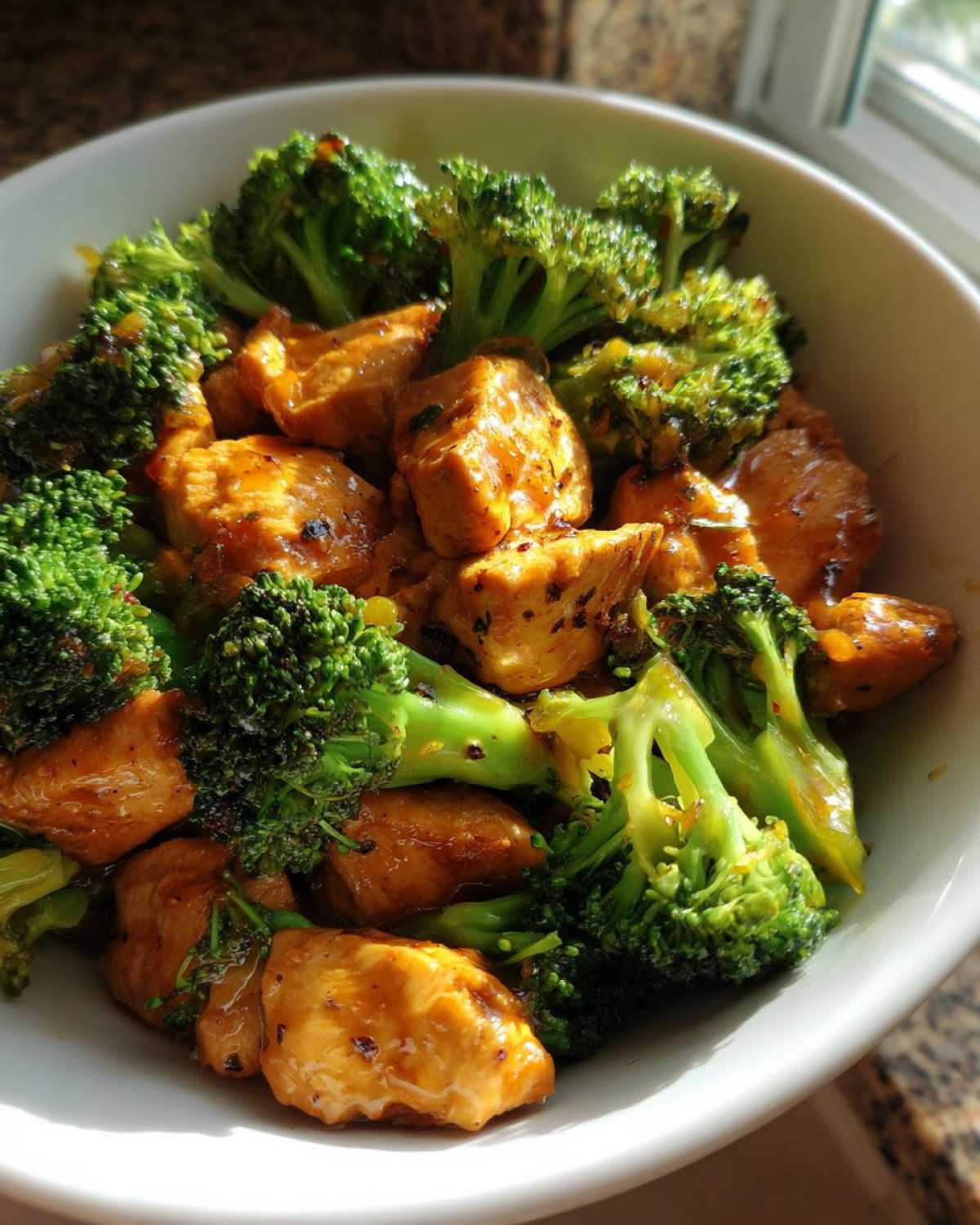 Close-up of Garlic Butter Chicken and Broccoli Stir Fry pieces coated in a glossy sauce in a white bowl.