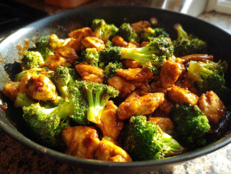 Close-up of vibrant Garlic Butter Chicken and Broccoli Stir Fry glistening in a dark skillet.