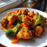 Close-up of golden Garlic Butter Chicken Bites mixed with bright broccoli, carrots, and red peppers, garnished with chives.