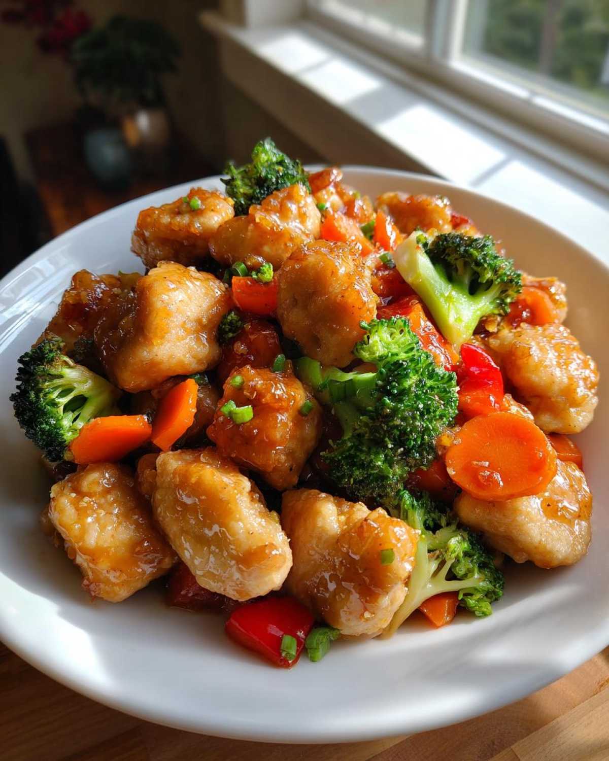 A white bowl filled with glossy Garlic Butter Chicken Bites mixed with vibrant broccoli florets, sliced carrots, and red peppers.