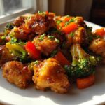 Close-up of glossy Garlic Butter Chicken Bites mixed with bright broccoli and red peppers on a white plate.