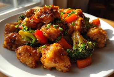 Close-up of glossy Garlic Butter Chicken Bites mixed with bright broccoli and red peppers on a white plate.