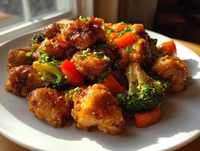 Close-up of glossy Garlic Butter Chicken Bites mixed with bright broccoli and red peppers on a white plate.