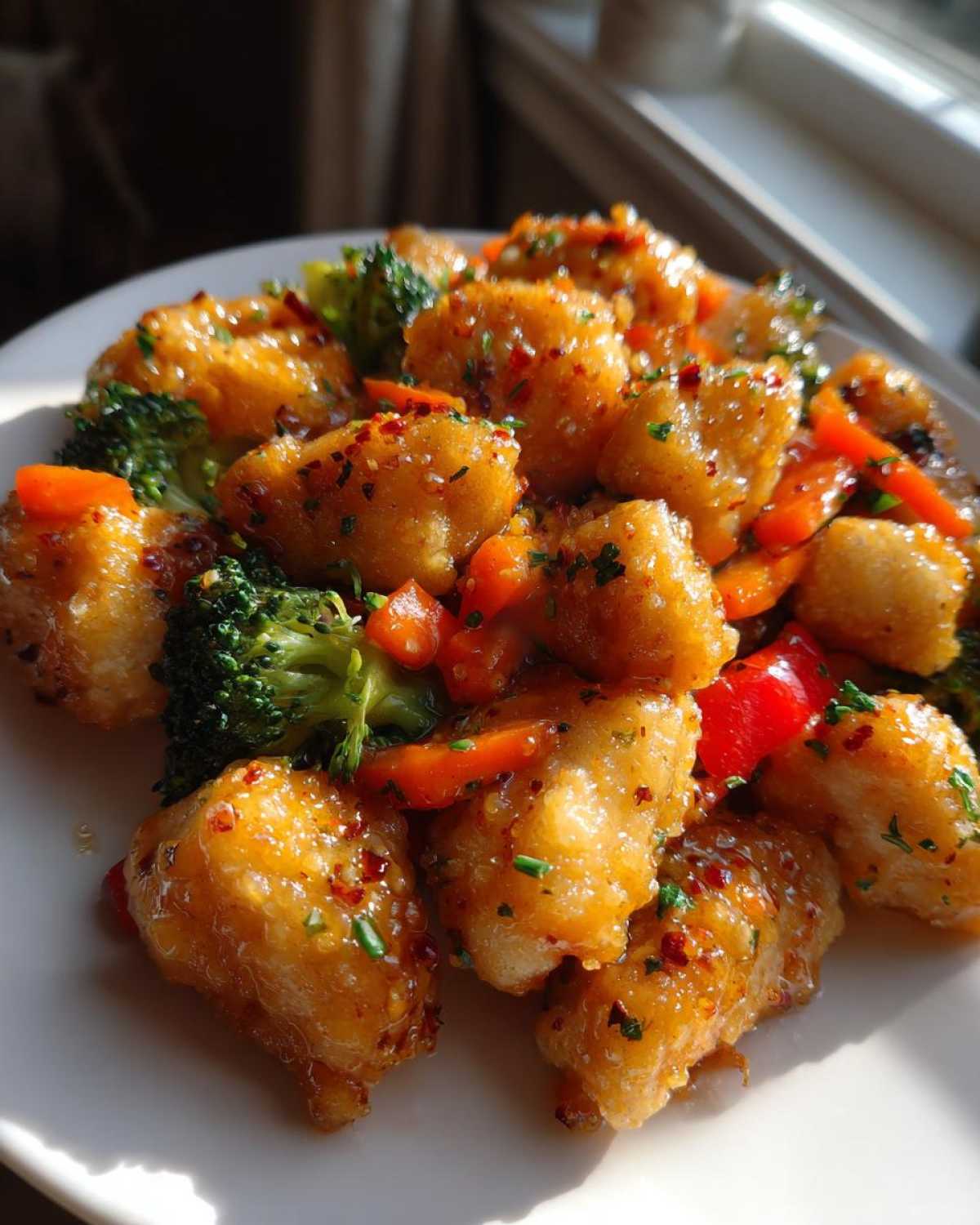 Close-up of golden Garlic Butter Chicken Bites coated in sauce, mixed with broccoli and red peppers.