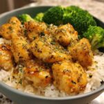 Close-up of Garlic Butter Salmon Bites served over white rice with steamed broccoli florets in a grey bowl.