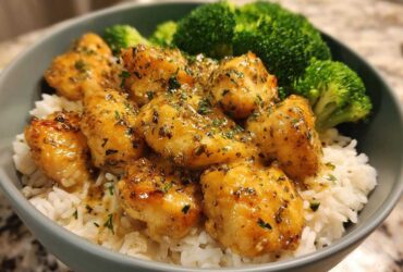 Close-up of Garlic Butter Salmon Bites served over white rice with steamed broccoli florets in a grey bowl.