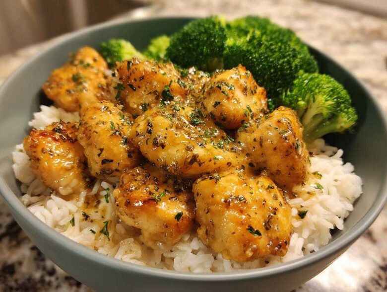 Close-up of Garlic Butter Salmon Bites served over white rice with steamed broccoli florets in a grey bowl.